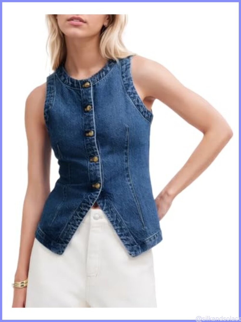 Women's Denim Vest Sleeveless Button Down Jean Waistcoat Front Slit Casual